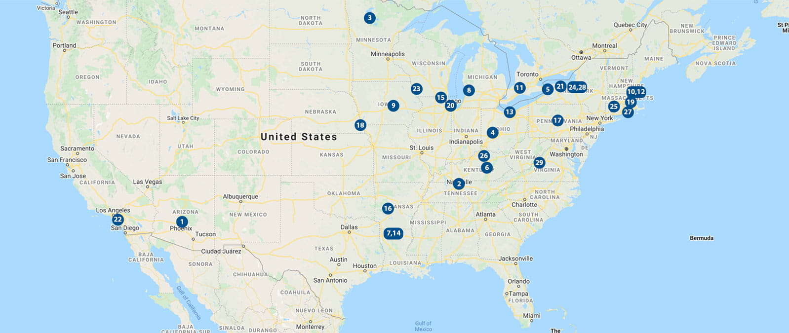 Map of 29 HighEdWeb 2021 institutional members